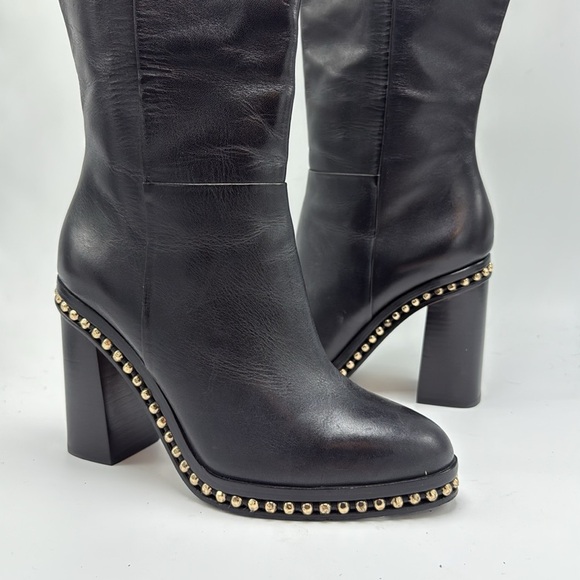 NEW COACH JUSTINA DESIGNER Black Real Leather Gold Studs RUNWAY TALL BOOTS  8 - Picture 3 of 9